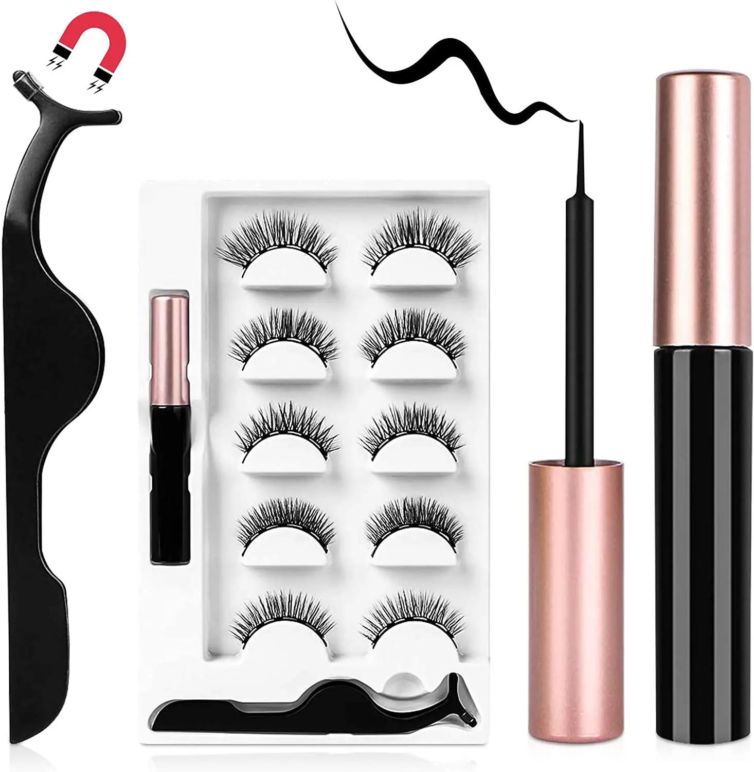 5 Pairs Magnetic False Eyelashes & Cosmetic Eyeliner Kit, Natural Look Reusable Fake Lashes with Applicator, Waterproof Eyeliner for Makeup Extension (Black)