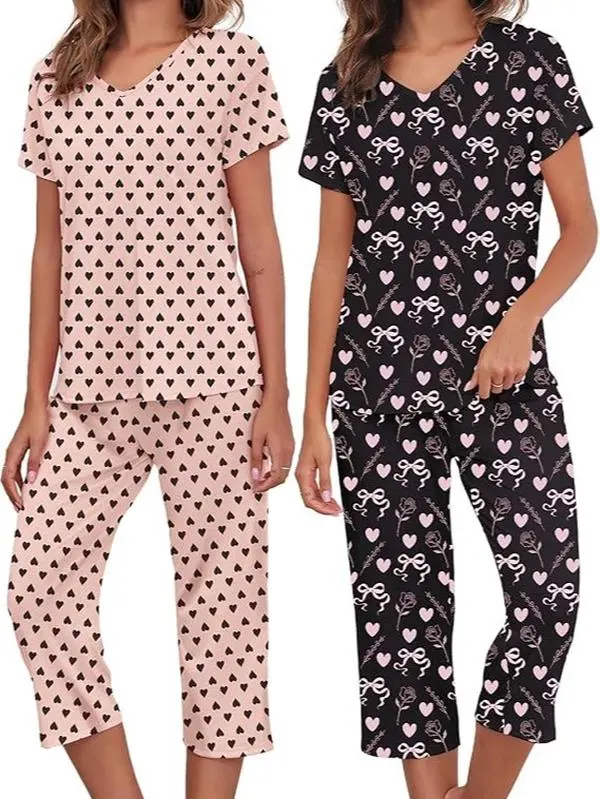 2 Pack Womens Pajama Sets Two Piece, Soft Cotton Blend Sleepwear V Neck Tops with Capri Pants Summer PJ Set
