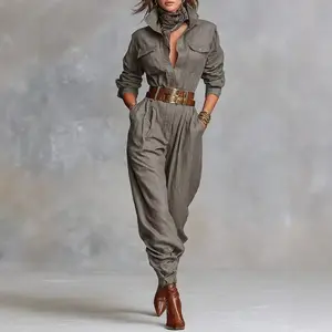 2025 New Women's Long-sleeved Lapel Single-breasted Multi-button Foot Jumpsuit