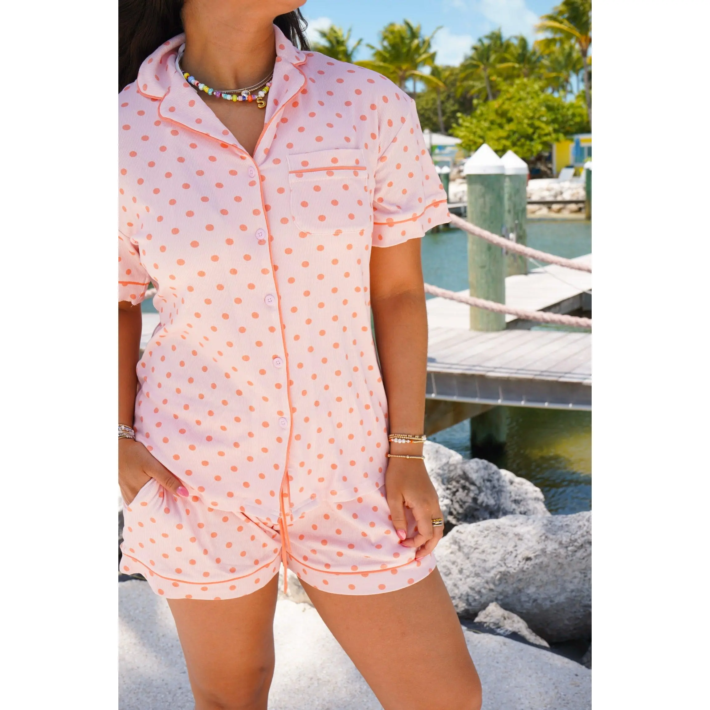 Peach Polka Dot Ribbed Bamboo Short Pajama Set
