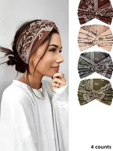 Women's Hairbands 4 Pack, Wide Thin Elastic Boho Dye Knot Headbands, Vintage Style Workout Headband For Sports Yoga Makeup Spa Fashion Accessories, Headband Set Stretchy Headbands