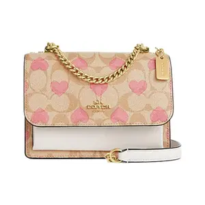 COACH Klare 18 Heart-Print Classic Monogram Flap Bag with Logo, Canvas and Leather, Chain Strap Crossbody Bag for Women, Light Khaki and Chalk White