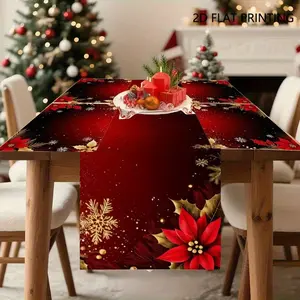 2D flat printing, set of 1 piece/4 pieces/6 pieces/5 pieces/7 pieces, elegant red and gold Christmas table flag placemat set, snowflake edge texture pattern, durable linen fabric, very suitable for holiday restaurant and kitchen decoration