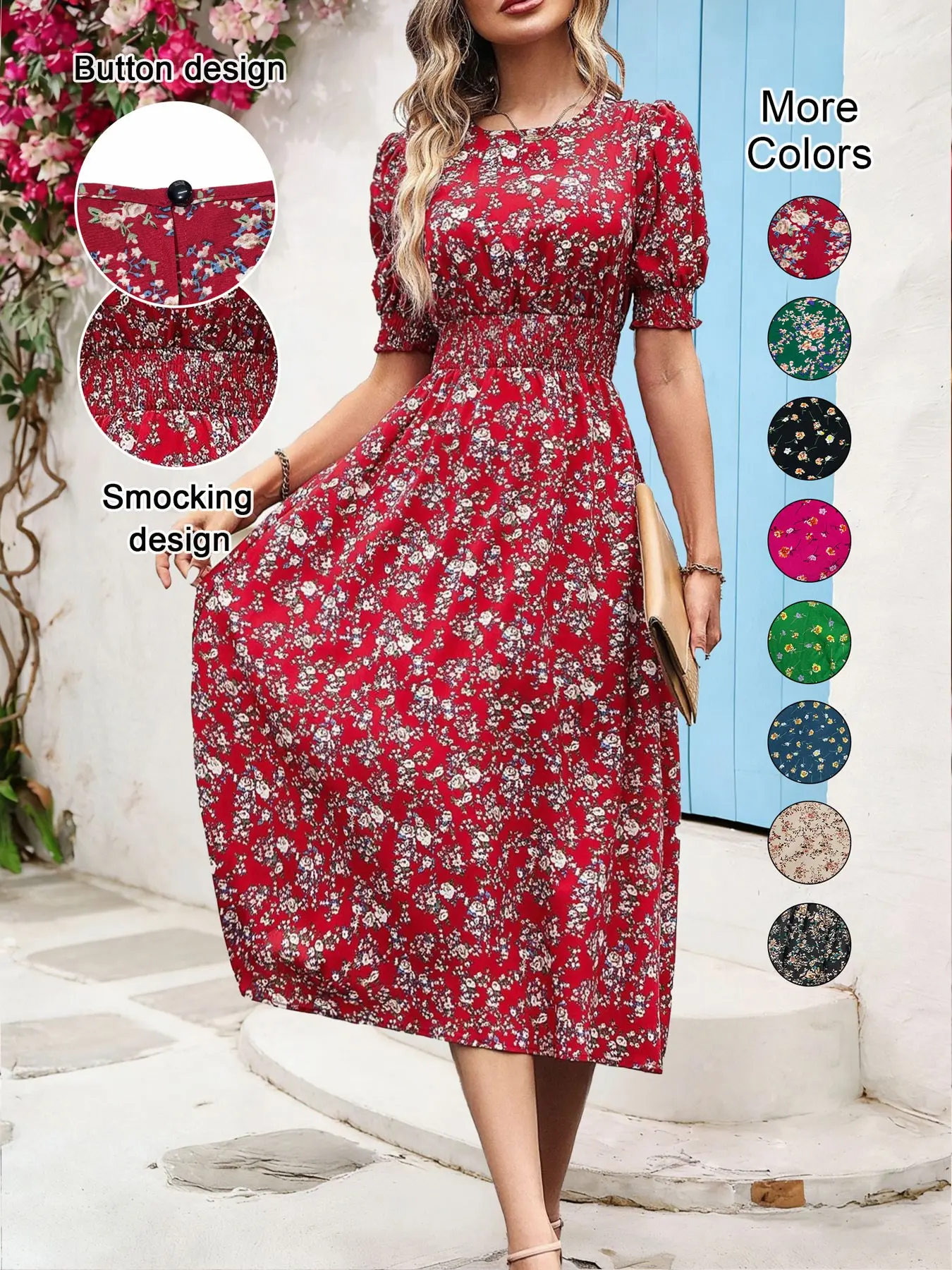 Women's Floral Print Bubble Hem Dress, Round Neck Waist Cinched Design,  Boho Style Midi Skirt, Fitted Short Sleeve, All Seasons, Chic - TikTok Shop