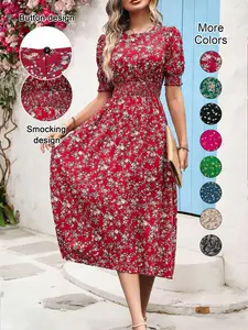 Women's Floral Print Bubble Hem Dress, Round Neck Waist Cinched Design, Boho Style Midi Skirt, Fitted Short Sleeve, All Seasons, Chic