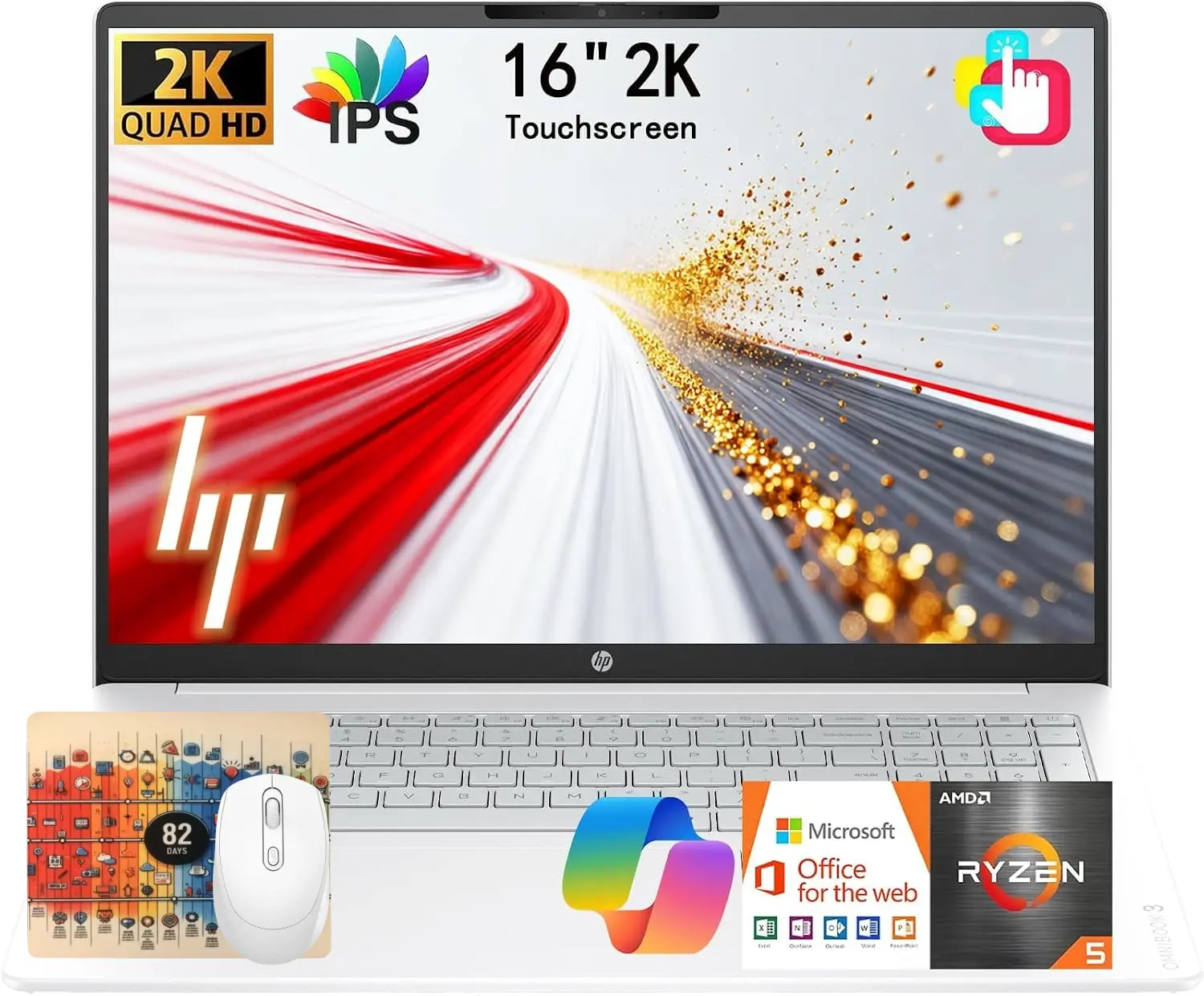 HP OmniBook 16" 2K WUXGA Touchscreen Laptop Computer • Next Gen AI PC • Latest AMD Ryzen 5 CPU • 8GB RAM • 256GB SSD • Long Battery Life • Copilot Key • Windows 11 with Office 365 for Web