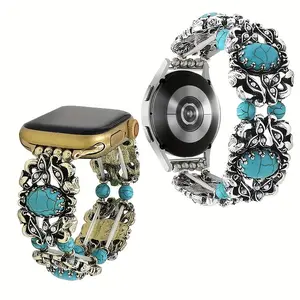 1 Pc Vintage Turquoise & Pearl Inlaid Zinc Alloy Elastic Watch Band, Watch Straps, Hollow Cloud Pattern For Iwatch Ultra 3/2/1 SE 38-49mm, 20/22mm Standard Spring Bar, Fits Samsung Huawei Garmin, Not For QuickFit & Special Interfaces, Couple Gift