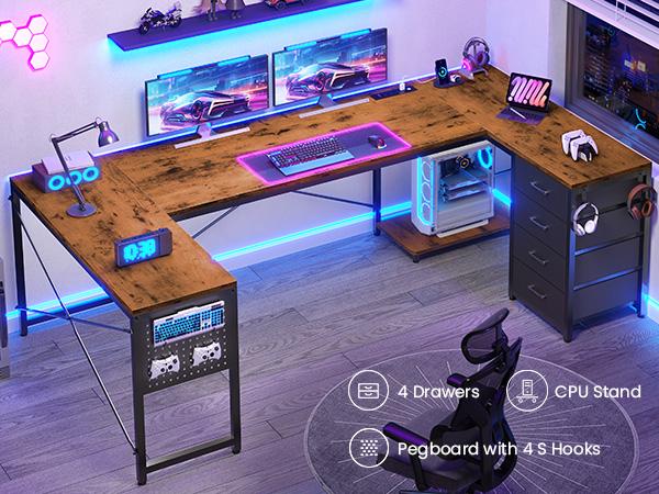SEDETA 67" U Shaped Desk with 4 Fabric Drawers, Reversible Corner Computer Desk with Power Outlet & CPU Shelf, L Shaped Office Desk with Pegboard for Home Office