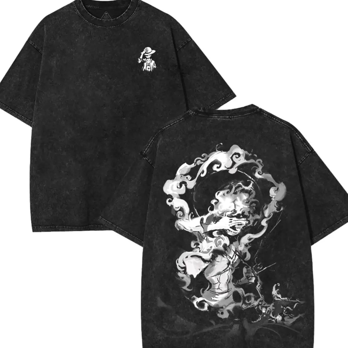 Lufi JoiBoy One Pice RetroVintage Unisex Anime Manga Acid Washed Lightweight Cotton Tshirt Gift For Anime Fan Tees Vintage Shirts T-shirt Men's Graphic Round Neck Fabric Menswear Top Oversized Black Casual Crewneck Summer Piece Devil Fruit YAE