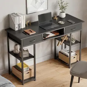 Small Black Computer Desk, Home Office Bedroom Writing Study PC Table, Fabric Side Bag + Headphone Hook, Metal Frame & Adjustable Feet, 2 Fabric Drawers & Storage Cube, Modern Simple