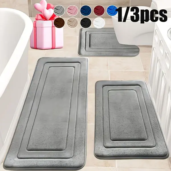 3-Piece Memory Foam Bath Mat Set, Comfortable Standing Option with U-Shaped Toilet Seat Cover, Thick Ultra-Absorbent Non-Slip Accessory for Bathroom, Outdoor Entryways