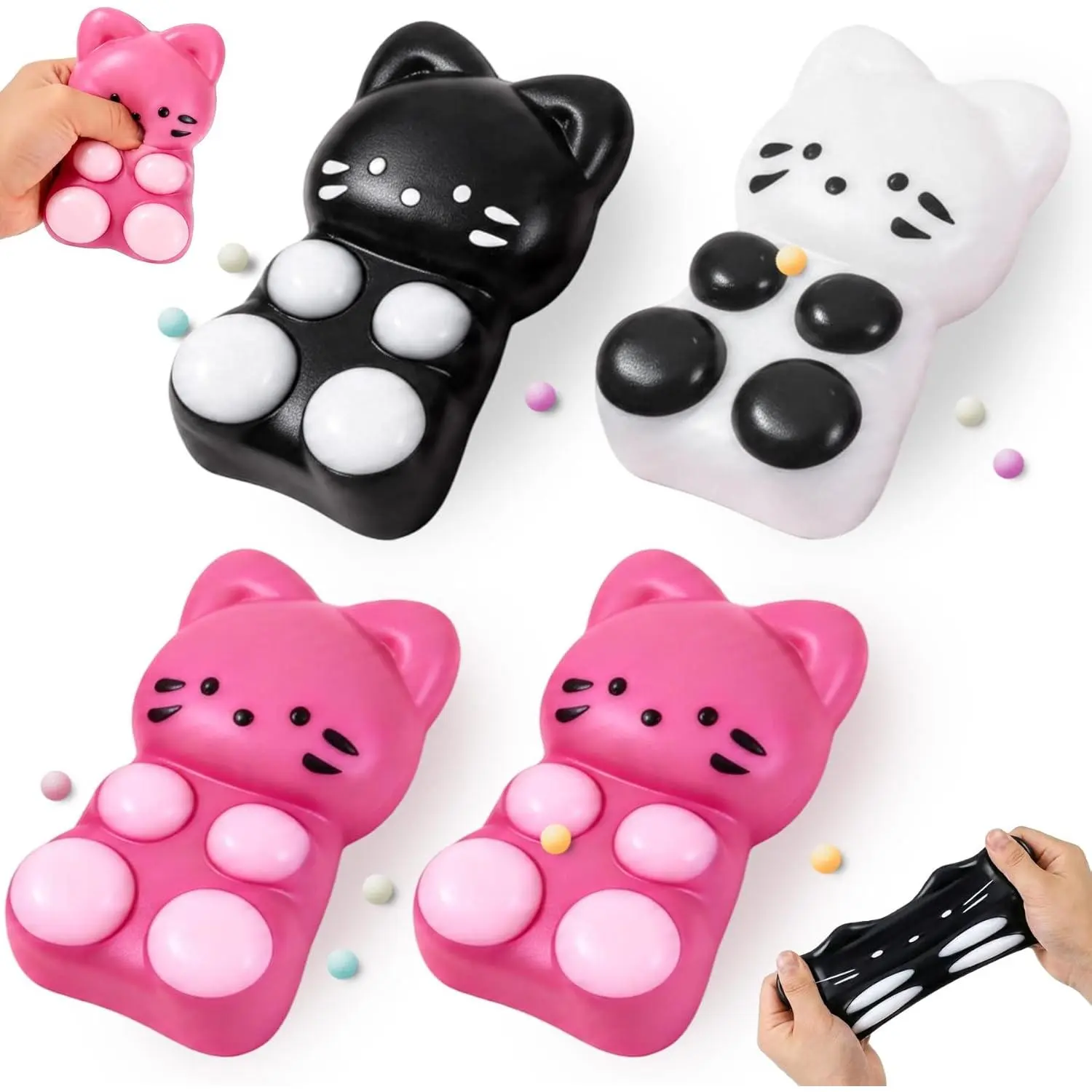 4PCS Cat Squishy Squeeze Toys, Squeeze Cat Stress Relief Toys for Party Favors, Pink,Black and White Squishy Suitable Adults/Kids