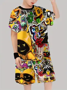 Trendy Graffiti Set: Eccentric Smiley Face + Dollar Symbol, Full-Print Color Block Streetwear Shorts, Casual All Season Fashion