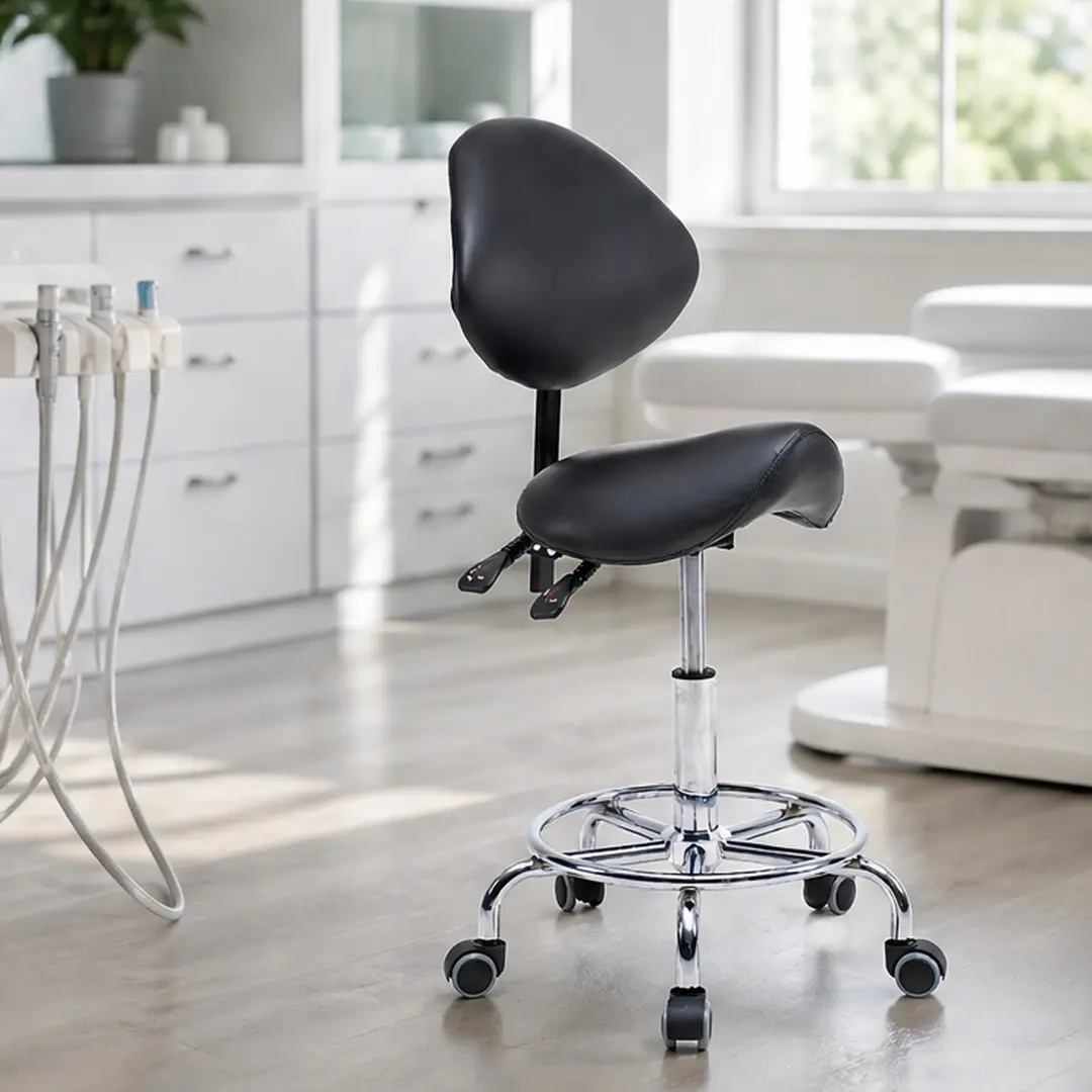 ARCH Ergonomic Saddle Stool Chair with Backrest - Swivel Hydraulic Height-Adjustable Wheel-Based Desk Chair with Footrest, PU Leather Black Medical Office Task Stool, 300 lb Capacity, Wheel-Based Desk Chairs