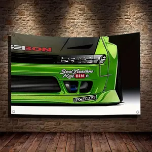 1pc JDM Racing Flag Banner - 3x5/4x6 Feet, Green & Racing Car Design with Red & Stripes, Durable Polyester Fabric, Easy to Install, Bar, Home Decor, And Car Enthusiasts, Racing Flag