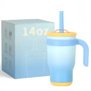 Gifts for Daughters & Grandkids – 14 oz Stainless Steel Kids Straw Tumbler - BPA Free, Leak Proof Lid & Straw | 420ML14H Hot & Cold Mug | Easy Grip Handle Drinkware Flasks Gradient Blue Reusable Sturdy