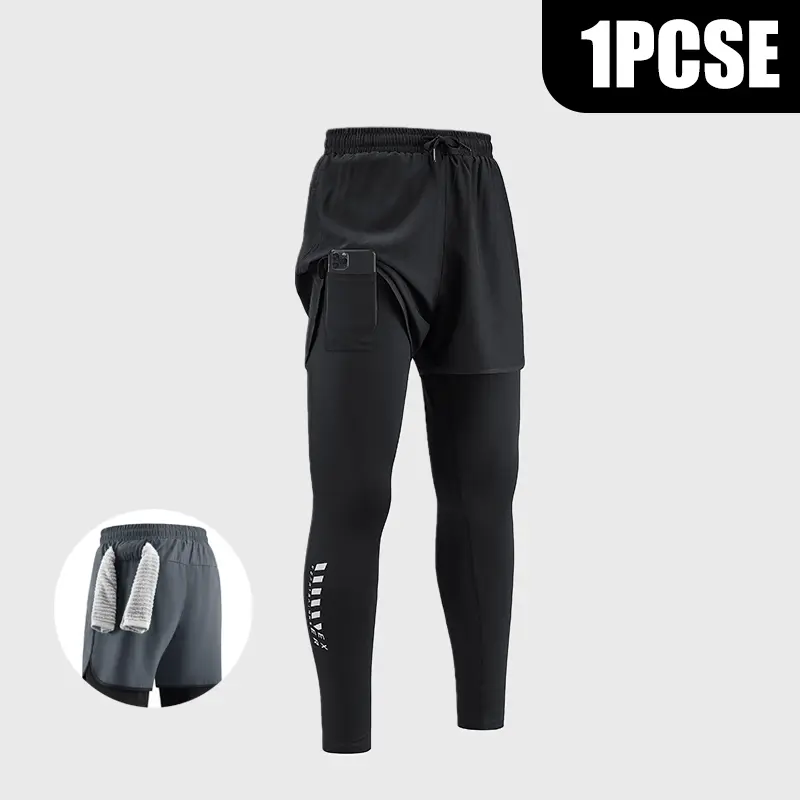 Men's 2-in-1 Running Compression Tights Quick Dry Breathable Athletic Leggings with Built-in Phone Pocket Towel Loop Elastic Waist Workout Pants for Gym Outdoor Sports All Seasons