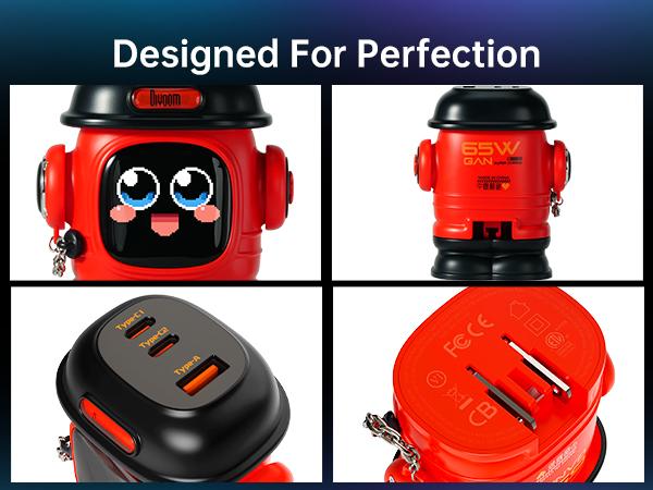 Divoom Dipow 65W USB-C Charger 3-Port Fast GaN Charger with DIY Pixel Display Foldable Compact Wall Block Power Adapter for iPhone 16/15 MacBook iPad Galaxy S23/S24 Switch Red (with 100w Cable) Charging Electronic Cellphone Smartphone Portable Multi-Port