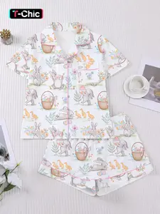 Women's Easter Bunny & Egg Print Sleepwear Set, Comfortable Short Sleeve Button Shirt & Loose Elastic Shorts, Casual All Season Loungewear Pajama Set