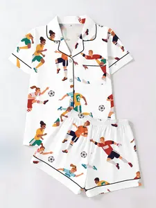 Football Character World Cup Print Pajamas Set, Short Sleeve T-Shirt & Shorts Cardigan Two-Piece, Casual Fitted Homewear for All Seasons
