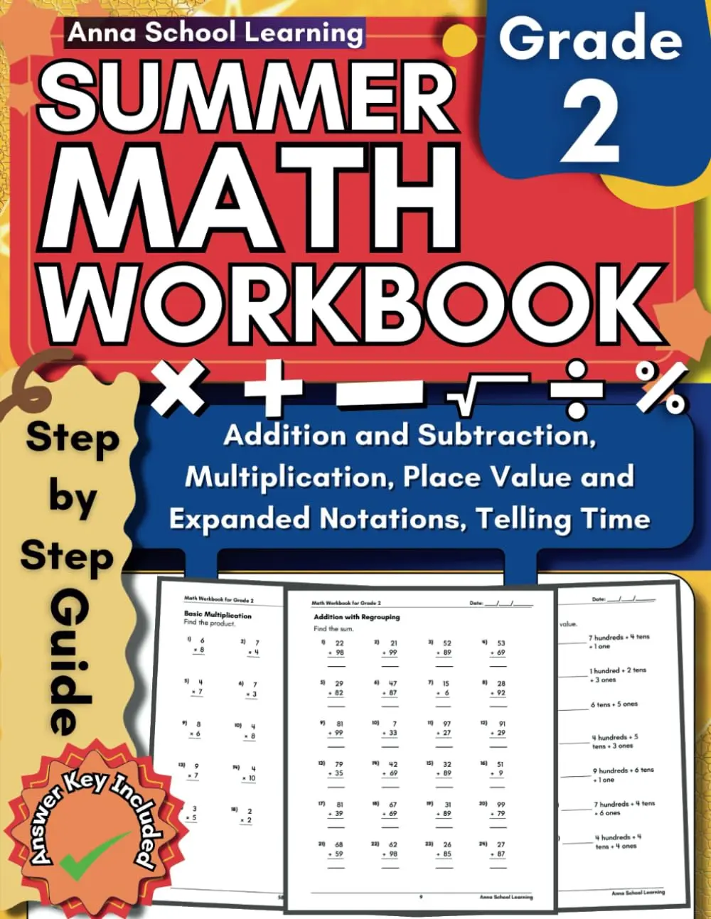 Summer Math Workbook Grade 2, With Addition, Subtraction, Multiplication, PlaceValue, and Telling Time Skills: 2nd Grade Math Practice Summer Workbook WithAnswers