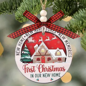 First Christmas in Our New Home Ornament, Santa Sleigh Elk House Ornaments, 2 Layer Wooden Ornament, Housewarming Gifts for New House, Christmas Tree Hanging Decoration, Christmas Home Holiday Party Decoration, New House New Memories Ornament