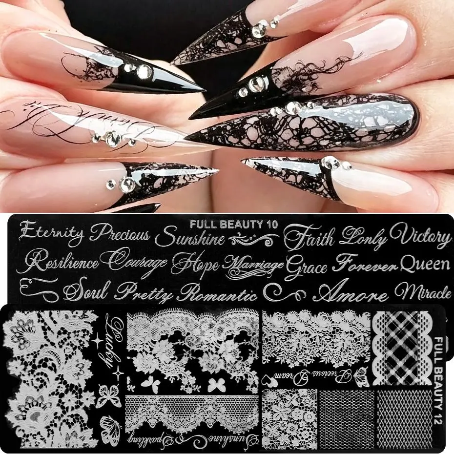 Romantic Lace & Cursive Word Nail Stamping Plate Vintage Elegant Lace Plaid with English Letter Nail Art Stamping Plate Tools