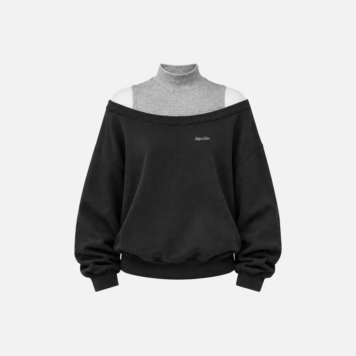 Aelfric Eden Fake Two-Piece Off-Shoulder Mock Neck Sweatshirt Cut Fake Two-Piece Design Balloon Sleeves Ribbed Cuffs & Hem Soft Fabric Minimalist Streetwear Women's Top