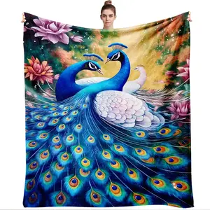 270g Thickened Flannel Cozy Blanket Peacock Feather Print Home Warm Blanket Winter Sofa Throw Bedroom Nap Blanket Soft Skin-friendly Coral Fleece Blanket Gift Blanket Floral Print Blanket Multiple Sizes Available