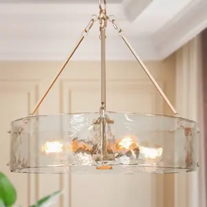 Brand New- Modern 4-Light Gold Drum Chandelier Textured Glass Pendant Kitchen Island Lights