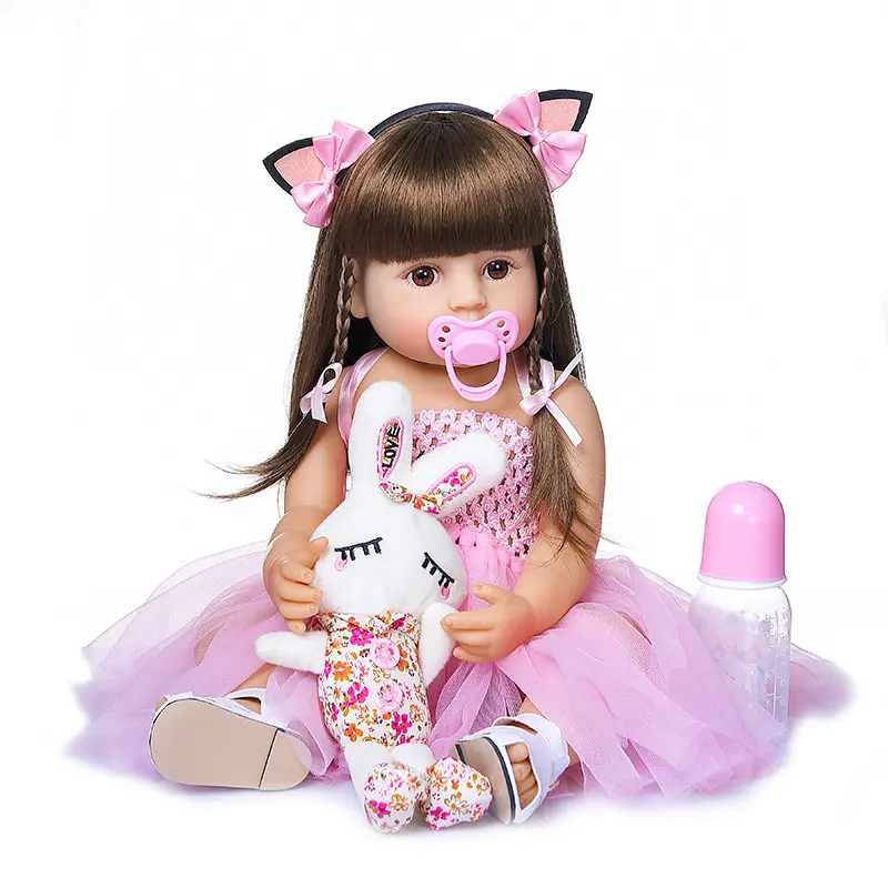 20-Inch Collector-Grade Rosie Doll, 2.2lbs Full Vinyl Weighted Body, Brown Hair, Bunny Accessories, Kitty Dress Set, Whimsical Look, 3-4 Years Kids' Collectibles, Anxiety Calming for Car Rides, Soft Cuddly Gift