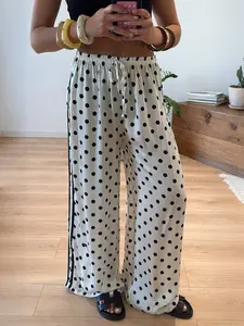 Women's Long Pants, Ruffle Elastic Waist, Pocket Wide Leg, Polka Dot Print, Casual Lounge Pants, Casual Loose-Fit, Mid Waist, Comfortable and Versatile