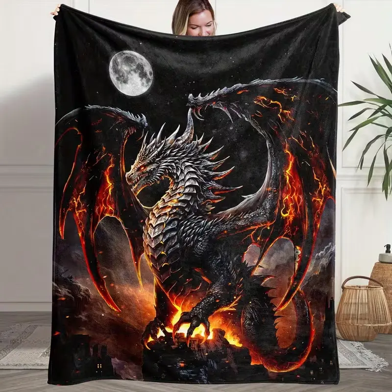 A Fluffy Blanket Featuring a Flame Dragon Print, a White Throw Blanket Perfect for Barefoot Dreams, Suitable for The Sofa, a Winter Warm Blanket, Decor for The Living Room And Bedroom, a Multifunctional Blanket for Napping And Camping