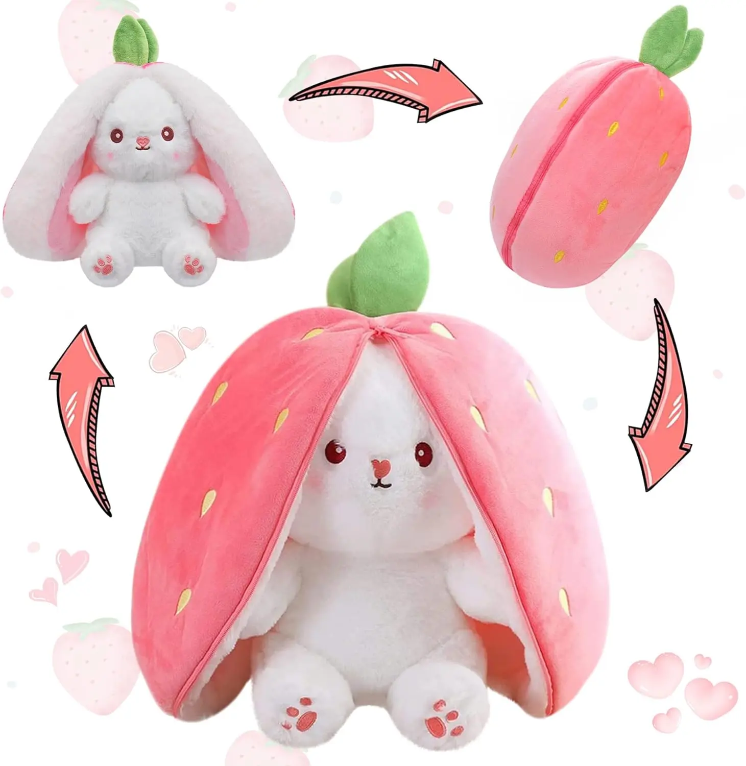 Bunny Stuffed Animal Reversible Cuddle Bunny Stuffed,Strawberry Bunny Transformed Rabbit Plush Zipper,Turns Into Ears Bunnies Plushies Toy Cute Stuffy Doll Easter Girlfriend Gift