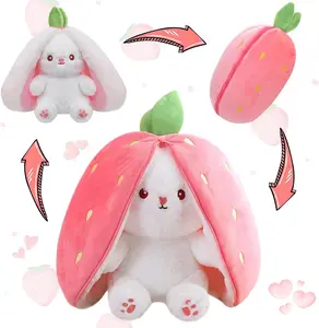 Bunny Stuffed Animal Reversible Cuddle Bunny Stuffed,Strawberry Bunny Transformed Rabbit Plush Zipper,Turns Into Ears Bunnies Plushies Toy Cute Stuffy Doll Easter Girlfriend Gift