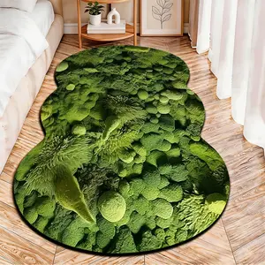2D Flat velvet irregular rug with moss green plant texture pattern, machine washable non-slip carpet for bedroom, all seasons & holiday decor, durable & easy to clean.