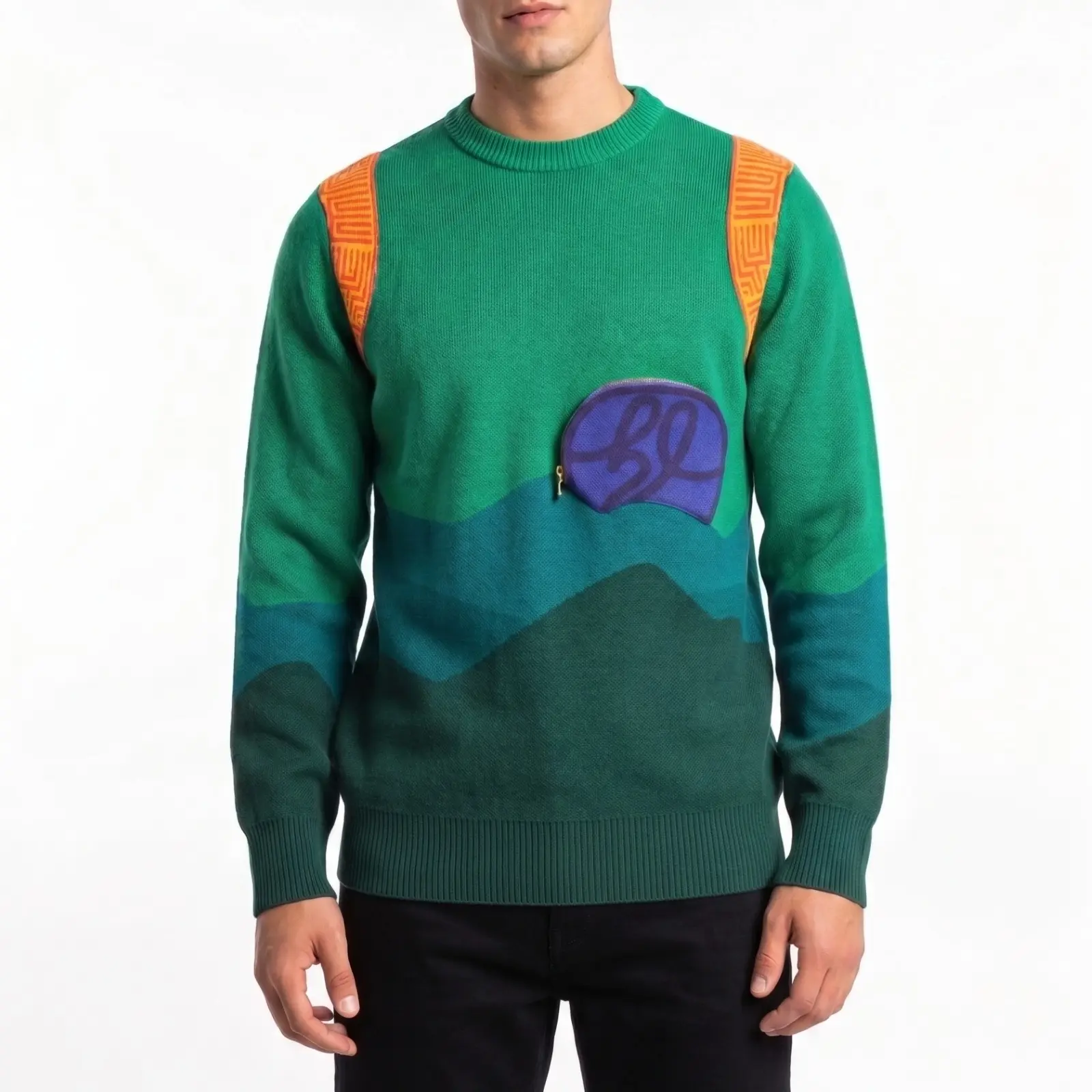HL Men's Casual Long Sleeve Graphic Crewneck Knitted Top, 100% Cotton Knitwear with Zipper Pocket
