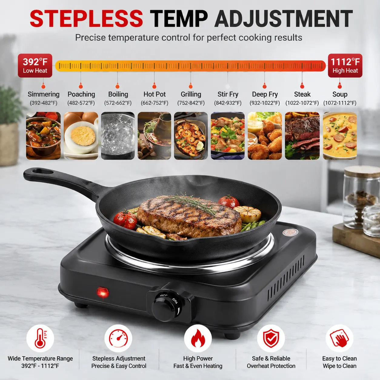 1000W Portable Infrared Single Burner Stove for RV Users, 7.5" Coated Iron Glass Cooktop Countertop Burner with Stepless Temperature Adjustment-5381, 7.5" Cooktop, Infrared Heat, Stepless Temp.,Plush,Extendable,Christmas,Doll,Toy