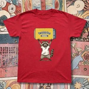 Red Twisted Tea Raccoon Graphic Baby Tee – Y2K Aesthetic Graphic Top