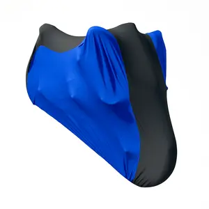 Universal Indoor Dust Cover for Motorcycle Black/Blue Ultra-Soft Polyester Stretch Fit for All Bikes 600cc-1300cc Indoor Protection