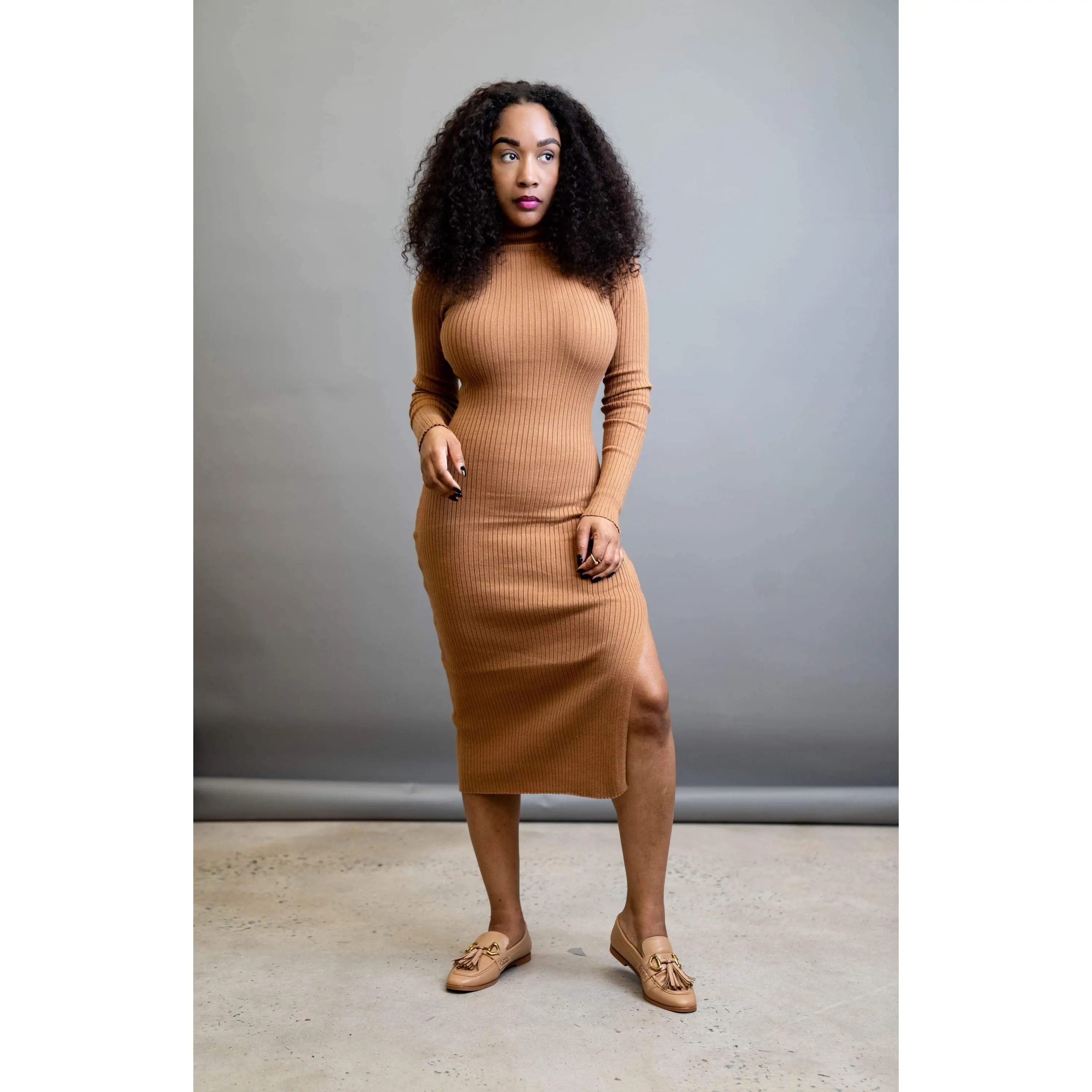 Turtleneck Ribbed Sweater Dress with Front Slit (Light Brown)