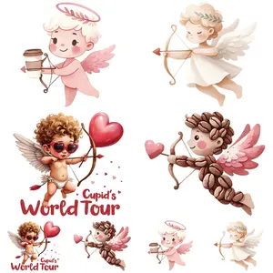 Valentine's Day Angel Cupid Arrow Heat Transfer Stickers, 4 Large 4 Small, Washable Fashion DTF Iron-On Patches for Clothes DIY Crafts