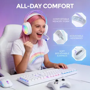 Gaming Headset - RGB illuminated ear cups and headband, wired USB + 3.5mm dual plug, 50mm drivers, dual-headband PU ear cushions, external microphone with blue light, omnidirectional microphone, ear cup volume control, ideal for gaming / office / study