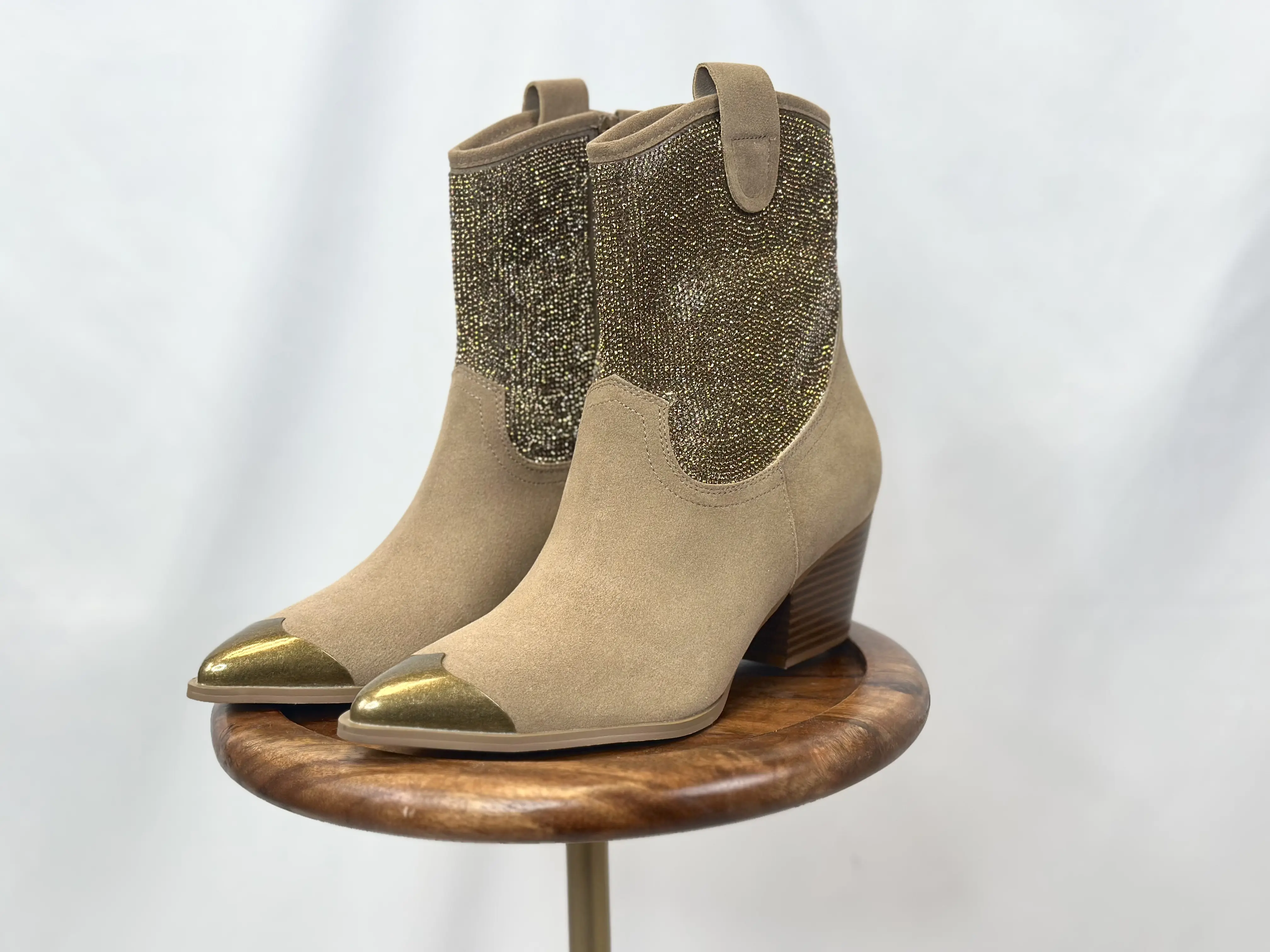 Oasis Society Women's Wren Statement Boots, Chic Suede Mid-Calf Western Style with Rhinestones and Gold Cap Toe, Western Elegance, Statement Shoes, Punchy Western Outfit