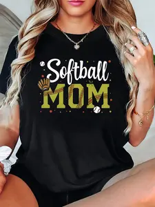 Women's Softball MOM T-Shirt - Short Sleeve Crew Neck Casual Top with Letter Print, Machine Washable Suitable for Summer & Spring, Softball Practice, Games, Events, Gift for Coaches, Moms