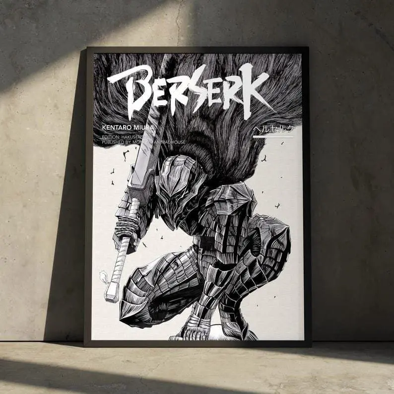 Berserk Guts Anime Fantasy Graphic Heart Paper Print Poster, Vintage Retro Minimalist Japanese Home Decor, Multi-Size Birthday Gift for Anime Fans