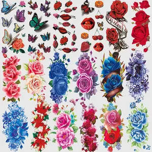 18 Sheets Elegant Rose Butterfly Temporary Tattoos for Women, Realistic Watercolor Arm Sleeve Stickers, Hand Neck Tattoo Art, Body Fake Tattoos