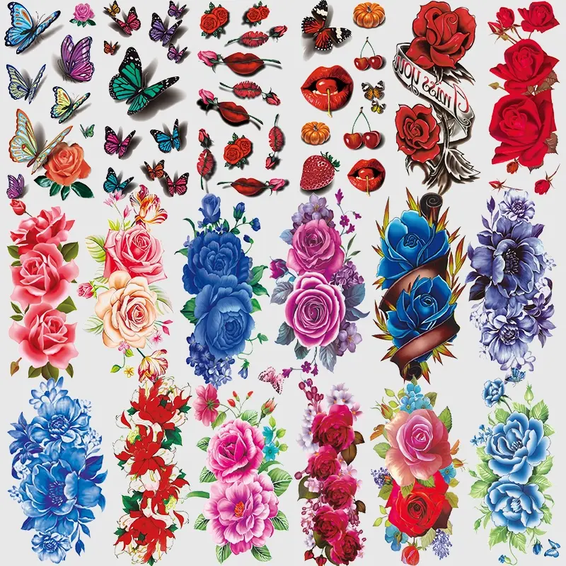 18 Sheets Elegant Rose Butterfly Temporary Tattoos for Women, Realistic Watercolor Arm Sleeve Stickers, Hand Neck Tattoo Art, Body Fake Tattoos, Aesthetic Tattoo Merch