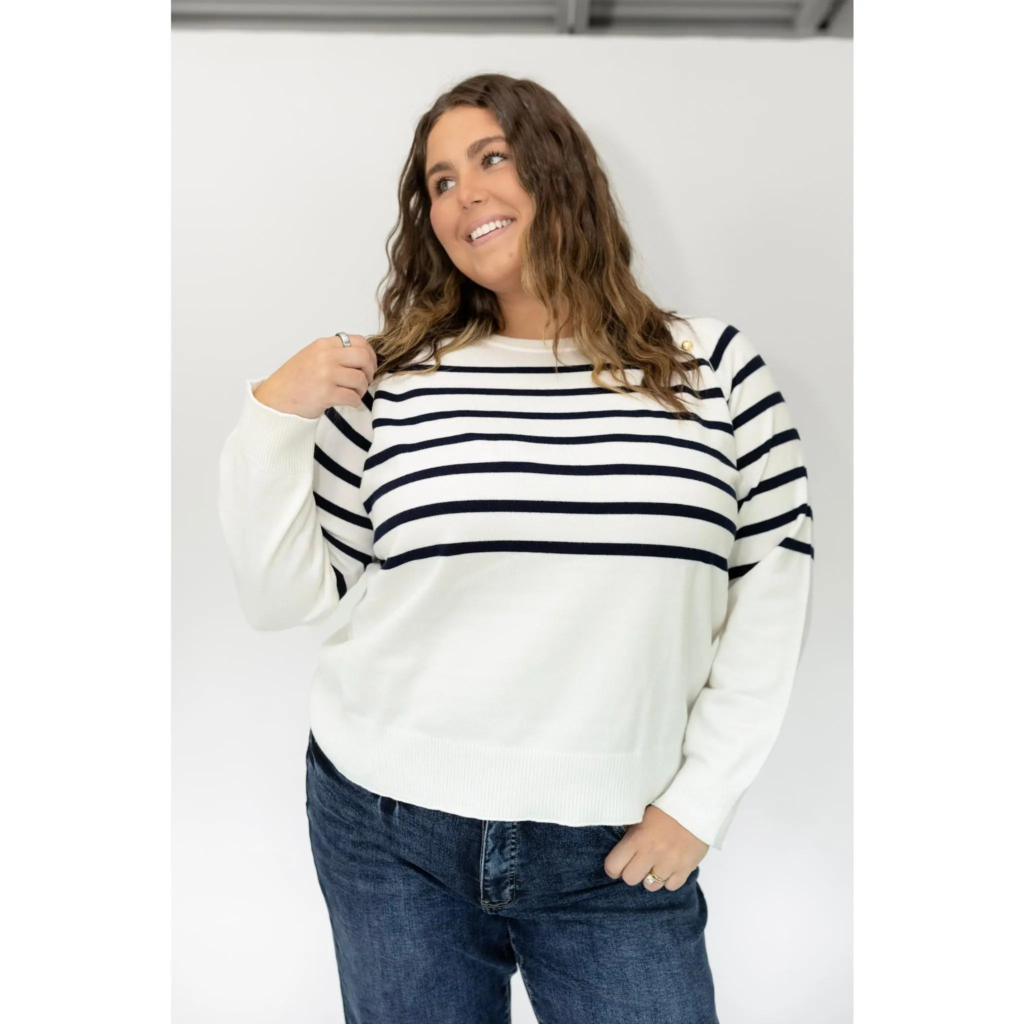 Classic Breton Stripe Button Shoulder Sweater – Navy & Ivory Casual Black