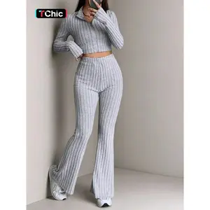 Autumn and Winter Zipper Up Ribbed Knit Crop Tee & Flare Leg Pants Two Pieces Set, Womenswear